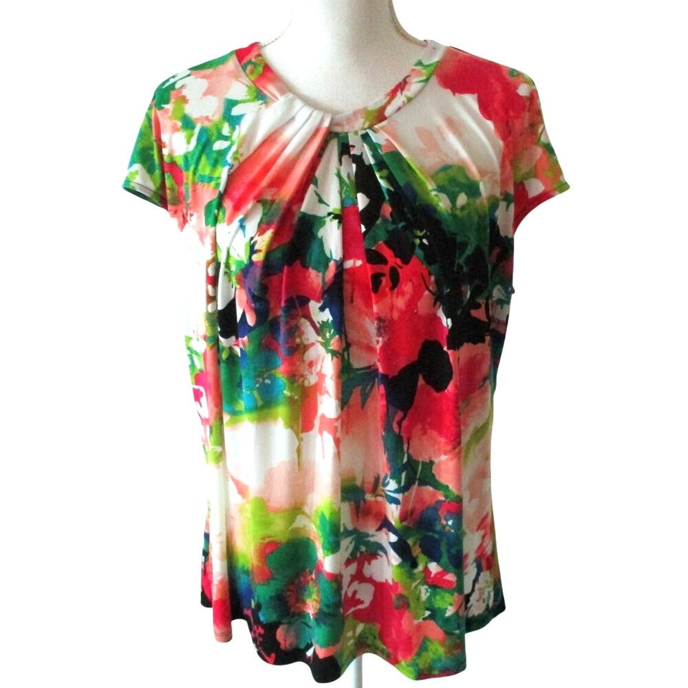 Worthington Women's Multi Color Floral Print Sleeveless 1/4 Zip Back Shirt XL